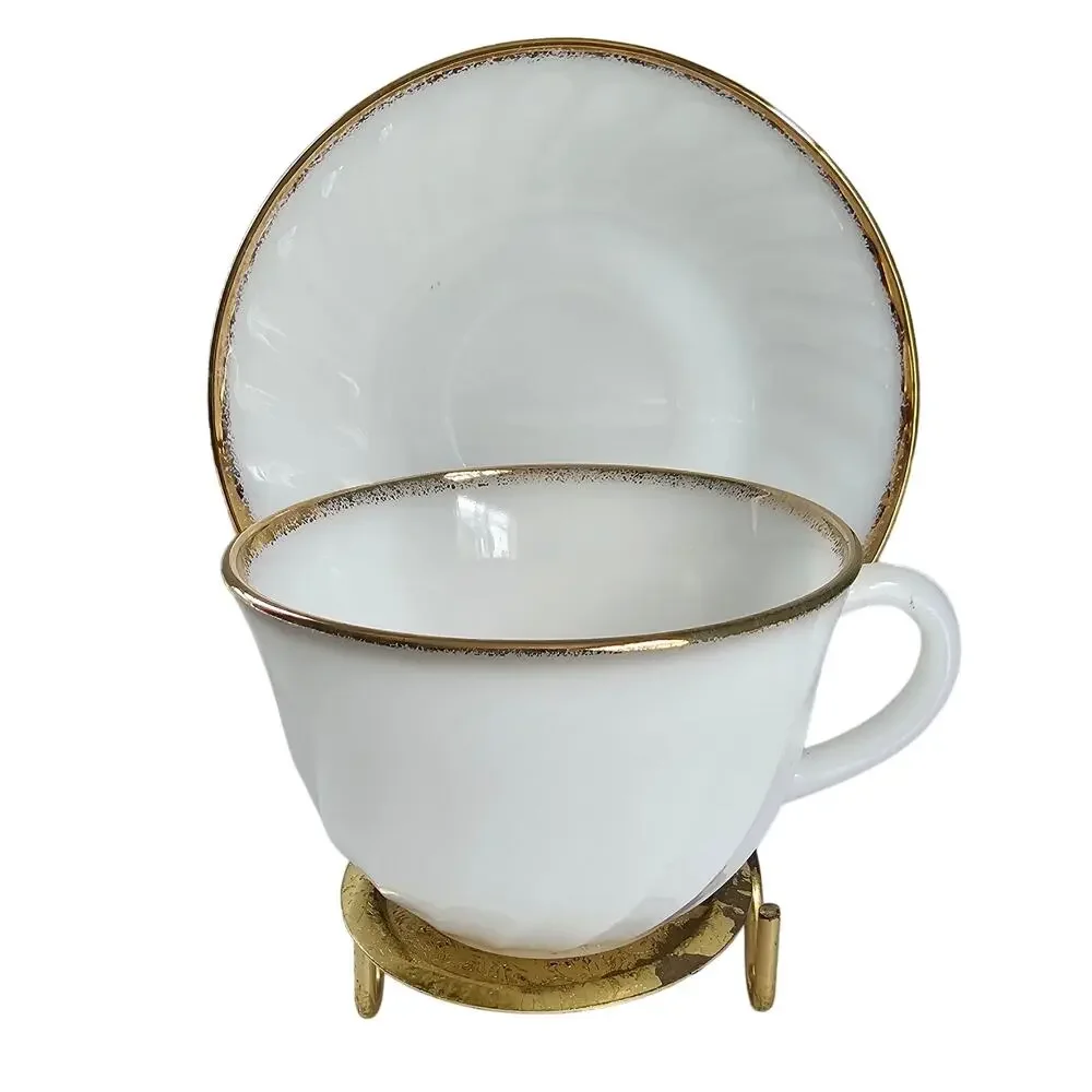 Vintage Fire King Cups Saucers GOLDEN ANNIVERSARY Swirl Gold Rim Set of 4 1950s